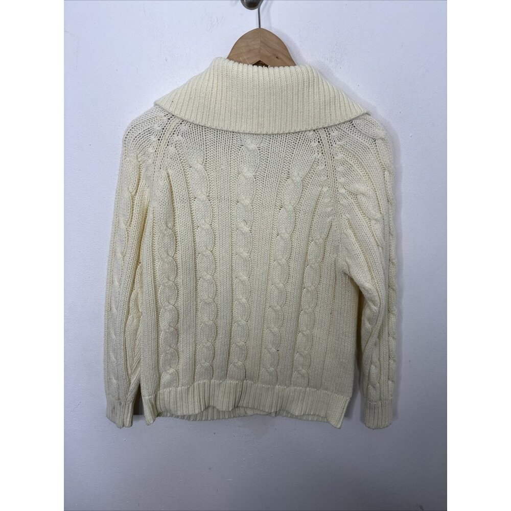 Vintage 70s Cable Knit Woman M Cardigan Sweater Acrylic Classic High Neck - Picture 4 of 6